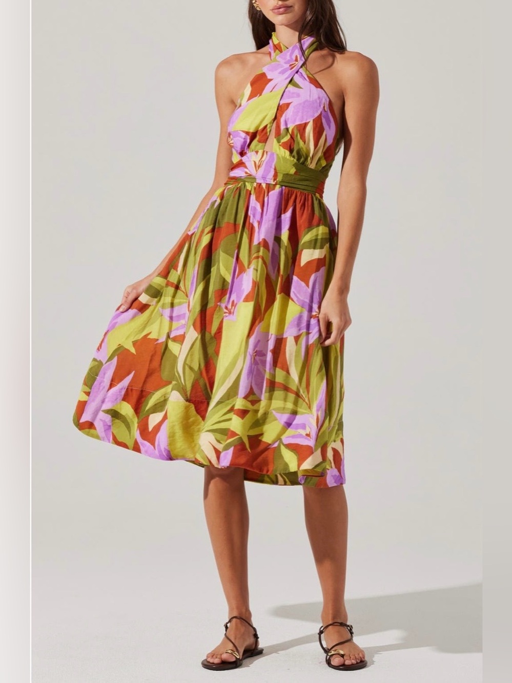 ASTR the Label Floral Halter Midi Dress in Olive & Lavender